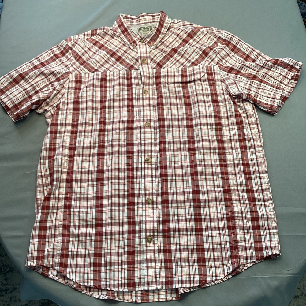 Duluth Trading Co Red and White Plaid Button Down Shirt
